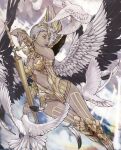  1girl abdiel angel angel_wings bird breasts cleavage dove feathered_wings green_eyes grey_hair highres long_hair navel nyami shin_megami_tensei shin_megami_tensei_v short_hair solo wings 