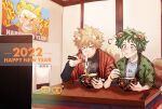  2022 animal_ears bakugou_katsuki blonde_hair blue_shirt blush boku_no_hero_academia bowl chopsticks controller eating food fox_ears fox_tail freckles fruit happy_new_year highres holding holding_bowl holding_chopsticks japanese_clothes kotatsu looking_ahead looking_at_another looking_to_the_side mandarin_orange marker midoriya_izuku noodles poster_(object) raccoon_ears raccoon_tail ramen rapiko red_eyes remote_control scar_on_hand shirt spiked_hair table tail television tempura watching_television 