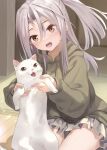  1girl alternate_costume brown_eyes cat commentary_request grey_hair grey_sweater high_ponytail highres holding hood hooded_sweater hoodie kantai_collection long_hair looking_at_viewer natsuki_(gedo) skirt sweater white_cat white_skirt zuihou_(kancolle) 