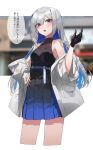  1girl absurdres amane_kanata asymmetrical_bangs asymmetrical_hair bangs belt black_gloves blue_belt blue_hair blunt_bangs blurry blurry_background blush breasts cleavage collarbone colored_inner_hair cropped_legs dress eyebrows_visible_through_hair gloves grey_hair grey_jacket hair_over_one_eye hand_on_hip hand_up highres hololive jacket korogoro_(mago0057) long_bangs long_hair looking_at_viewer medium_breasts multicolored_hair off_shoulder open_mouth pink_hair pleated_dress purple_eyes short_dress single_glove sleeveless sleeveless_dress solo streaked_hair translation_request v-shaped_eyebrows virtual_youtuber 
