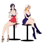 alternate_costume bare_shoulders black_hair boots breasts cleavage cosplay costume_switch dress eyewear_on_head hat high_heel_boots high_heels highres large_breasts nami_(one_piece) nico_robin one_piece orange_hair short_dress shoulder_tattoo straw_hat sunglasses tattoo user_fvwy5478 