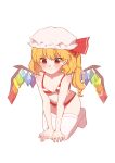  1girl absurdres bare_arms bikini blonde_hair blush breasts crystal flandre_scarlet full_body hat hat_ribbon highres iwakoo kneeling long_hair looking_at_viewer mob_cap pointy_ears red_bikini red_eyes red_ribbon ribbon simple_background smile solo swimsuit thighhighs touhou white_background white_legwear wings 