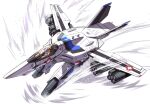  1boy bodysuit canopy_(aircraft) choujikuu_yousai_macross flying gerwalk helmet macross maximilian_jenius mecha missile_pod pilot_suit science_fiction solo suzutsuki_kurara variable_fighter vf-1 white_background white_bodysuit 