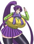  1girl absurdres bow bowtie breasts deculture eiken eyebrows_visible_through_hair feet_out_of_frame gigantic_breasts glasses highres long_hair misono_kirika ponytail purple_eyes purple_hair second-party_source skindentation skirt thick_thighs thighhighs thighs tongue tongue_out very_long_hair vest 