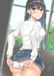  1girl adjusting_clothes adjusting_panties ass bangs black_hair blue_eyes blue_hair blue_skirt blurry blurry_background blush building bush closed_mouth collared_shirt colored_inner_hair commentary_request day eyebrows_visible_through_hair from_behind hair_between_eyes hair_ornament highres long_hair looking_at_viewer mole mole_on_ass multicolored_hair original panties pleated_skirt school_uniform shirt skirt solo standing sunsun2812 thighs underwear uniform white_panties white_shirt window 