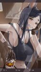  1girl :d alcohol animal_ears arknights bangs bare_arms bare_shoulders black_hair black_panties blush breasts bright_pupils brown_eyes brown_gloves camisole cleavage collar collarbone covered_nipples cup dobermann_(arknights) dog_ears gloves grin hand_on_own_cheek hand_on_own_face hikimayu holding holding_cup ice ice_cube indoors large_breasts long_hair looking_at_viewer mole mole_under_eye navel oripathy_lesion_(arknights) panties parted_bangs parted_lips rhodes_island_logo sama_(sama24654684) see-through sitting smile solo sparkle spiked_collar spikes strap_slip table teeth thong twitter underwear underwear_only whiskey 
