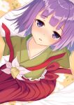  1girl absurdres aqpaca bangs blunt_bangs blush eyebrows_visible_through_hair floral_print from_above hieda_no_akyuu highres japanese_clothes ke-ta_(style) kimono looking_at_viewer lying nose_blush on_back open_mouth purple_eyes purple_hair short_hair solo touhou 