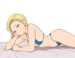  1girl android_18 bed bikini blonde_hair blue_bikini blue_eyes breasts covered_nipples cowboy_shot dragon_ball dragon_ball_z forehead highres large_breasts looking_at_viewer lying navel on_stomach rokoido12 short_hair simple_background solo swimsuit white_background 