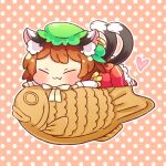  1girl :3 animal_ear_fluff animal_ears blush brown_hair cat_ears cat_tail chen closed_eyes closed_mouth commentary_request dotted_background dress earrings fang food green_headwear hat heart ibaraki_natou jewelry lying on_food on_stomach pillow_hat pink_background red_dress short_hair single_earring solo tail taiyaki touhou wagashi 