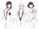  3girls :o bangs bare_arms black_choker breasts choker closed_mouth commentary cowboy_shot lamb-oic029 long_hair looking_at_viewer medium_breasts monochrome multiple_girls navel open_mouth original parted_lips short_hair simple_background slingshot_swimsuit smile standing swimsuit thighs 