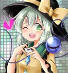  1girl bangs blouse blush buttons collared_blouse diamond_button eyeball frilled_sleeves frills glowing_heart green_eyes green_hair grid_background hat hat_ribbon heart heart_hands heart_of_string komeiji_koishi long_sleeves looking_at_viewer medium_hair one_eye_closed open_mouth ribbon shirt sleeves_rolled_up solo sora_kyuuri teeth third_eye touhou yellow_ribbon yellow_shirt 