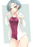  1girl absurdres adapted_costume bangs breasts cameltoe collarbone collared_shirt covered_navel forehead grey_hair highres kantai_collection long_sleeves makura_(user_jpmm5733) mole mole_on_neck one-piece_swimsuit open_clothes open_shirt shirt short_hair small_breasts solo standing swept_bangs swimsuit tamanami_(kancolle) white_shirt yellow_eyes 