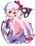  1girl blonde_hair bow flandre_scarlet full_body gradient gradient_background hat looking_at_viewer mary_janes mob_cap puffy_sleeves red_eyes red_footwear shoes short_sleeves side_ponytail skirt smile socks solo tongue tongue_out touhou user_kcgn3755 white_legwear wings 