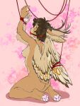  2022 4_toes 5_fingers antlers areola breasts brown_body brown_fur brown_hair digital_media_(artwork) feathered_wings feathers feet fingers fur gimka hair hi_res horn hybrid nipples toes wings 