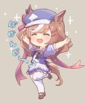  1girl animal_ears arms_up bangs blush bow brown_footwear brown_hair chibi closed_eyes collar eyebrows_visible_through_hair hair_ribbon happy hat horse_ears horse_girl knee_up leg_up long_hair matikane_tannhauser_(umamusume) miniskirt multicolored_hair open_mouth outstretched_arms oyakata1220 pleated_skirt puffy_short_sleeves puffy_sleeves purple_bow purple_headwear purple_serafuku red_ribbon ribbon sailor_collar school_uniform serafuku shoes short_sleeves simple_background skirt smile sparkle swept_bangs thighhighs two-tone_hair umamusume white_collar white_hair white_legwear white_skirt 