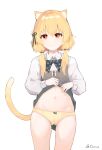  1girl absurdres animal_ear_fluff animal_ears artist_name ass_visible_through_thighs bangs black_bow black_bowtie black_ribbon blonde_hair blush bow bow_panties bowtie buttons cat_ears cat_girl cat_tail chinese_commentary citrus_(pixiv_32844232) closed_mouth clothes_lift collared_shirt commentary_request cowboy_shot dress dress_lift embarrassed flat_chest hair_ribbon hair_tie hands_up highres lifted_by_self long_hair long_sleeves looking_to_the_side navel original panties pinafore_dress polka_dot polka_dot_bow red_eyes ribbon shiny shiny_hair shirt sidelocks signature simple_background sleeveless sleeveless_dress solo split_mouth standing stomach straight-on tail tail_raised tears twitter_username underwear wavy_mouth white_background white_shirt yellow_panties 
