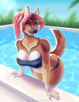  2022 5_fingers anthro black_nose breasts canid canine canis clothed clothing digital_media_(artwork) dog-afc domestic_dog eyebrows eyelashes female fingers fur hair hi_res mammal open_mouth partially_submerged smile solo teeth tongue wyla 