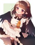  1girl :p alternate_costume apron black_legwear black_wings blush brown_hair dress enmaided feathered_wings frills long_sleeves looking_at_viewer maid maid_apron maid_headdress no_hat no_headwear pointy_ears puffy_sleeves red_eyes shameimaru_aya skirt_hold smile solo thighhighs tongue tongue_out touhou touya_(konpekitou) white_apron wings 