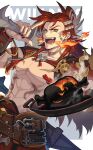  1boy bara black_nails body_markings breathing_fire brown_eyes character_name fire food granblue_fantasy highres holding holding_plate holding_sword holding_weapon jewelry large_pectorals long_hair looking_at_viewer male_focus meat multicolored_hair muscular muscular_male open_mouth pectorals plate red_hair ring sennohajime smile solo sword two-tone_hair weapon white_hair wilnas_(granblue_fantasy) 