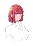  1girl absurdres bob_cut closed_mouth collared_shirt highres looking_at_viewer medium_hair murata_yuusuke original purple_eyes red_hair shirt simple_background solo sweater white_background wing_collar 