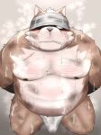  2022 anthro asian_clothing belly big_belly blush bodily_fluids brown_body bulge canid canine canis clothed clothing cum cum_on_belly cum_on_chest cum_on_leg domestic_dog east_asian_clothing erection erection_under_clothing fundoshi genital_fluids hi_res inunodaidokoro japanese_clothing kemono male mammal overweight overweight_male scar solo underwear white_clothing white_fundoshi white_underwear 