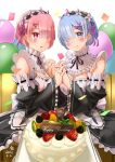  2girls absurdres balloon bangs bare_shoulders bib birthday_cake black_ribbon blue_eyes blue_hair blush breasts cake candy chocolate chocolate_bar cleavage closed_mouth commentary confetti dated detached_sleeves dress food forehead frilled_dress frilled_sleeves frills fruit hair_ornament hair_over_one_eye hair_ribbon hands_up highres holding kiwi_(fruit) looking_at_viewer maid multiple_girls parted_bangs parted_lips pink_eyes ram_(re:zero) re:zero_kara_hajimeru_isekai_seikatsu red_hair rem_(re:zero) ribbon shironoidzumi signature simple_background sitting small_breasts smile white_background wide_sleeves x_hair_ornament 