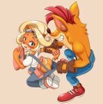  absurd_res activision anthro arm_grab bandicoot blush bottomwear bottomwear_pull brother brother_and_sister butt clothed clothing clothing_pull coco_bandicoot crash_bandicoot crash_bandicoot_(series) duo eyewear eyewear_on_head female goggles goggles_on_head grin hi_res kneeling male male/female mammal marsupial open_mouth pants pants_pull sibling simple_background sister smile surprise video_games xman_asia 