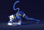  3d_(artwork) anthro asylium blue_body blue_fur clothed clothing digital_media_(artwork) domestic_cat e621 felid feline felis fur hair hexerade inner_ear_fluff jack-o&#039;_pose male mammal mascot pose pupils simple_background solo tuft yellow_eyes 