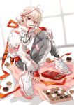  1boy absurdres chocolate fashion food food_in_mouth full_body genshin_impact highres jacket kaedehara_kazuha long_sleeves male_focus multicolored_hair pants pocky pocky_in_mouth ponytail red_eyes red_hair shoes sneakers solo white_hair yuitonoel 