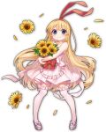  1girl amae_koromo artist_request bag bare_shoulders blonde_hair blue_eyes bouquet bow child dress eyebrows_visible_through_hair flower game_cg holding holding_flower looking_at_viewer mahjong_soul official_art petals pink_dress red_bow saki simple_background smile sunflower thighhighs third-party_source transparent_background yostar 