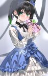  1girl alternate_costume bangs black_bow black_bowtie black_hair blue_dress blush bow bowtie box closed_mouth colored_tips dress gift gift_box green_eyes green_hair hair_between_eyes hinami_riku holding holding_gift long_sleeves looking_at_viewer love_live! love_live!_nijigasaki_high_school_idol_club medium_hair multicolored_hair pinafore_dress solo takasaki_yuu twintails two-tone_hair 