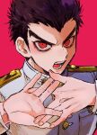  1boy bangs black_hair buttons danganronpa:_trigger_happy_havoc danganronpa_(series) grey_jacket hands_up highres ishimaru_kiyotaka jacket joonoyuki open_mouth own_hands_together pink_background red_eyes serious short_hair simple_background solo v-shaped_eyebrows 