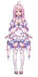  1girl :d ahoge bangs bare_shoulders blue_flower breasts chyoling commentary_request detached_sleeves dress eyebrows_visible_through_hair flower full_body gradient_hair hair_flower hair_ornament highres indie_virtual_youtuber kana_arora long_hair looking_at_viewer medium_breasts multicolored_hair official_art pink_hair puffy_short_sleeves puffy_sleeves purple_eyes purple_hair short_sleeves simple_background smile solo standing thighhighs very_long_hair virtual_youtuber white_background white_dress white_flower white_legwear white_sleeves wrist_cuffs 