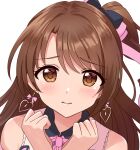  blush bow bowtie brown_eyes brown_hair clenched_hands close-up commentary_request dress earrings eyebrows_visible_through_hair eyelashes hair_bow hands_up heart heart_earrings idolmaster idolmaster_cinderella_girls idolmaster_cinderella_girls_starlight_stage jewelry long_hair looking_at_viewer pink_bow pink_bowtie pink_dress sakura_ran shimamura_uzuki side_ponytail solo strapless strapless_dress white_background 