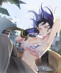  1girl absurdres arknights arm_up armpits bare_arms bare_shoulders bird black_hair blue_eyes blue_sky breasts camisole cleavage eunectes_(arknights) eunectes_(forgemaster)_(arknights) floating_hair grey_pants hand_up highres jianxing large_breasts midriff outdoors pants short_hair sky snake_tail solo spaghetti_strap stomach tail upper_body 