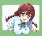  1girl :d bangs blue_eyes blue_shirt blush bow bowtie braid breasts brown_hair collared_shirt emma_verde framed freckles green_bow green_bowtie large_breasts long_hair looking_at_viewer love_live! love_live!_nijigasaki_high_school_idol_club low_twintails nijigasaki_academy_uniform open_mouth school_uniform shirt short_sleeves smile solo summer_uniform tata_(tataice) twin_braids twintails 