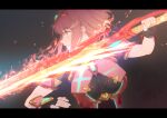  1girl bangs black_gloves breasts brown_eyes closed_mouth dark_background earrings eyebrows_visible_through_hair fingerless_gloves fire gloves highres holding holding_sword holding_weapon impossible_clothes jewelry large_breasts letterboxed looking_away looking_to_the_side neon_trim profile pyra_(xenoblade) pyrokinesis red_eyes short_hair short_sleeves solo sword tiara upper_body uyama_hajime weapon wrist_guards xenoblade_chronicles_(series) xenoblade_chronicles_2 
