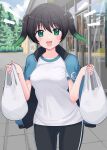  1girl :d bag bangs black_hair black_shorts blue_jacket blush breasts colored_tips cowboy_shot cream_(nipakupa) green_eyes green_hair gym_shirt gym_uniform hair_between_eyes holding holding_bag jacket large_breasts looking_at_viewer love_live! love_live!_nijigasaki_high_school_idol_club medium_hair multicolored_hair notice_lines open_mouth shirt shopping_bag shorts smile solo takasaki_yuu track_jacket twintails two-tone_hair w_arms white_shirt 