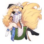  2girls black_footwear black_headwear blonde_hair blush boots closed_eyes closed_mouth commission dress english_commentary eyebrows_visible_through_hair fox_tail green_skirt hat heart highres holding_person imminent_kiss kitsune long_hair long_sleeves looking_at_another matara_okina multiple_girls multiple_tails nyong_nyong pillow_hat short_hair simple_background skirt smile sweatdrop tabard tail touhou white_background white_dress white_footwear white_headwear wide_sleeves yakumo_ran yellow_eyes yuri 