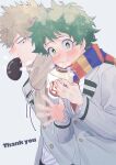  2boys absurdres bakugou_katsuki baozi blazer blonde_hair blush boku_no_hero_academia collared_shirt eating english_text food food_in_mouth freckles green_eyes green_hair grey_background highres holding holding_food jacket looking_at_viewer midoriya_izuku multicolored_clothes multicolored_scarf multiple_boys necktie rapiko red_eyes red_necktie scarf school_uniform shirt spiked_hair steam u.a._school_uniform waving 