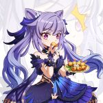  1girl animal_ears bangs bare_shoulders blue_dress cat_ears collarbone commentary_request detached_sleeves dress eating eyebrows_visible_through_hair food food_in_mouth formal genshin_impact hair_between_eyes hair_ornament highres holding holding_food hyny kemonomimi_mode keqing_(genshin_impact) keqing_(opulent_splendor)_(genshin_impact) long_hair looking_at_viewer plate purple_eyes purple_hair shrimp sidelocks solo strapless strapless_dress surprised twintails whiskers wrist_cuffs 