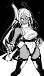  1girl animal_ears boku_no_hero_academia commentary dark-skinned_female dark_skin dowman_sayman fur_collar gloves greyscale high_contrast highres long_hair mirko monochrome muscular muscular_female rabbit_ears rabbit_tail sharp_teeth smile solo tail teeth thighhighs 