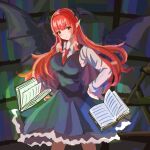  1girl blush book bookshelf breasts head_wings highres holding holding_book koakuma large_breasts long_hair long_sleeves looking_at_viewer necktie pointy_ears red_eyes red_hair red_neckwear shirt sketch_book27 skirt solo touhou vest wings 