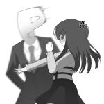  1boy 1girl anger_vein black_hair blouse collared_shirt formal greyscale highres idolmaster idolmaster_shiny_colors kamoromance614 long_hair mayuzumi_fuyuko meme miniskirt monochrome necktie p-head_producer parody photo-referenced producer_(idolmaster) shirt skirt slapping suit suspender_skirt suspenders two_side_up violence will_smith_slapping_chris_rock_(meme) 