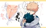  2boys back bakugou_katsuki bangs bara between_pectorals blonde_hair boku_no_hero_academia collared_shirt drooling face_to_pecs freckles green_hair grey_jacket hands_on_another&#039;s_chest head_between_pecs highres hug jacket large_pectorals male_focus midoriya_izuku multiple_boys muscular muscular_male open_clothes open_jacket pectorals red_eyes school_uniform shirt short_hair spiked_hair translation_request upper_body white_shirt yaoi yazakc 