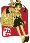  1girl 2021 bandages bracelet character_request clothing_request commentary_request copyright_request dowman_sayman fang hair_ribbon highres jewelry neck_ribbon new_year oversized_bag ribbon shoes short_hair skin_fang socks star_(symbol) stuffed_toy twintails 