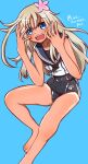  1girl barefoot black_sailor_collar black_swimsuit blonde_hair blue_background blue_eyes cat_earthen_pot character_name commentary_request crop_top feet_out_of_frame flower hair_flower hair_ornament highres kantai_collection long_hair looking_at_viewer one-hour_drawing_challenge one-piece_tan open_mouth ro-500_(kancolle) sailor_collar school_swimsuit shirt sleeveless sleeveless_shirt smile solo swimsuit swimsuit_under_clothes tan tanlines teeth twitter_username upper_teeth 