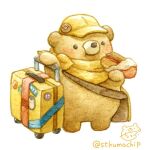  bag bear duffel_bag eating food hat holding holding_food hot_dog no_humans original signature st.kuma suitcase twitter_username yellow_headwear 