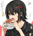  1boy black_hair burger dated earrings eating eyebrows_visible_through_hair food hair_between_eyes hair_ornament hairclip jewelry looking_at_viewer mashiro_(nijisanji) nijisanji tarachine virtual_youtuber yellow_eyes 