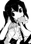  1girl blush commentary_request dowman_sayman food food_in_mouth greyscale high_contrast highres k-on! monochrome nakano_azusa neck_ribbon portrait ribbon school_uniform simple_background solo sweater_vest taiyaki twintails wagashi white_background wing_collar 